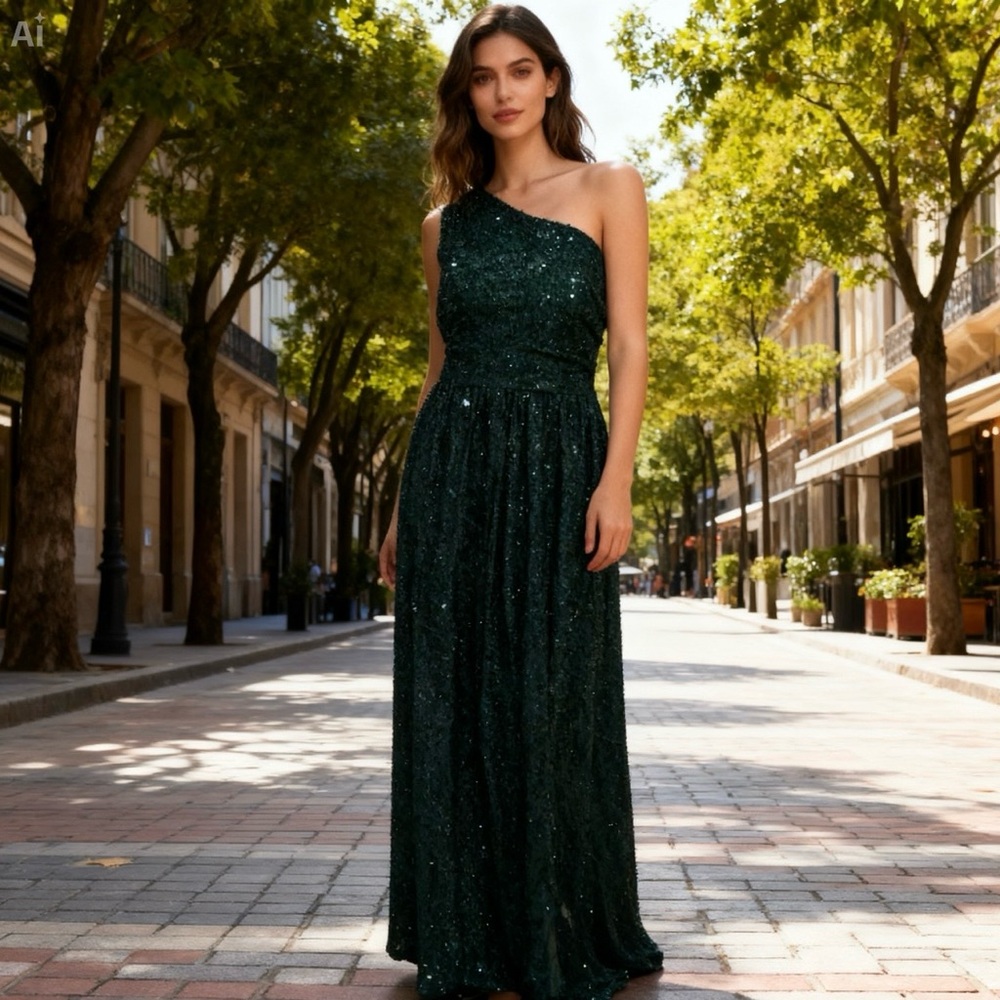 Elegant One-Shoulder Green Dress size L